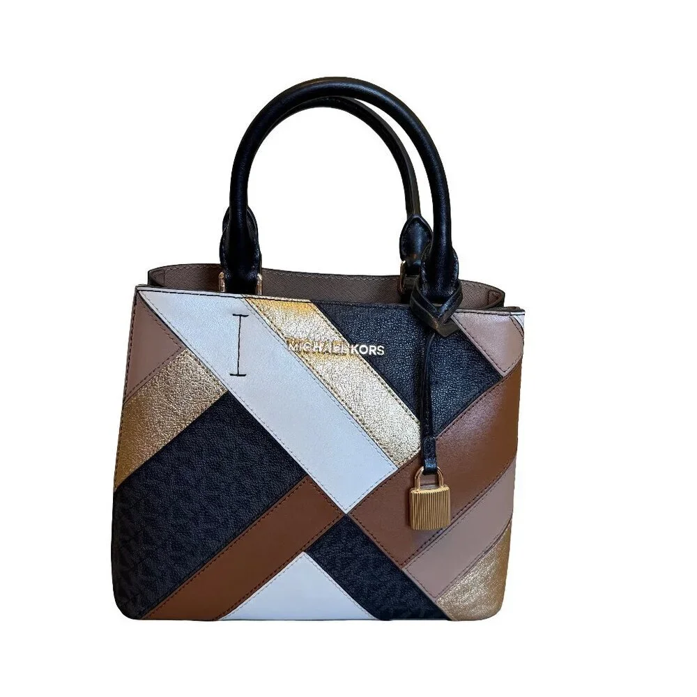Michael Kors Adele Patchwork Tote Purse Small Bag Metallic Leather + Wallet